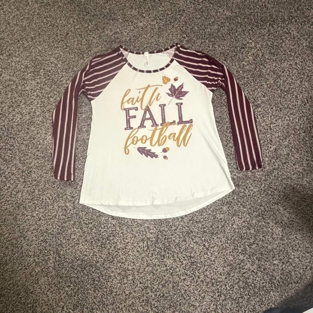 Red Lolly Faith Fall Football Raglan Top Womens M White‎ Burgundy Good Striped